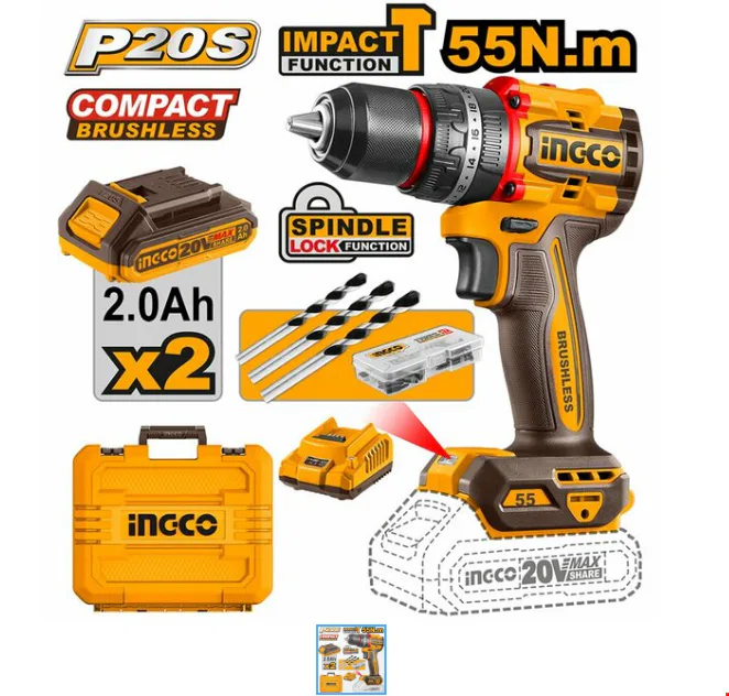 İngco ING-CIDLI20558E Akülü Darbeli Matkap Kömürsüz 13mm 20V 2.0 AH