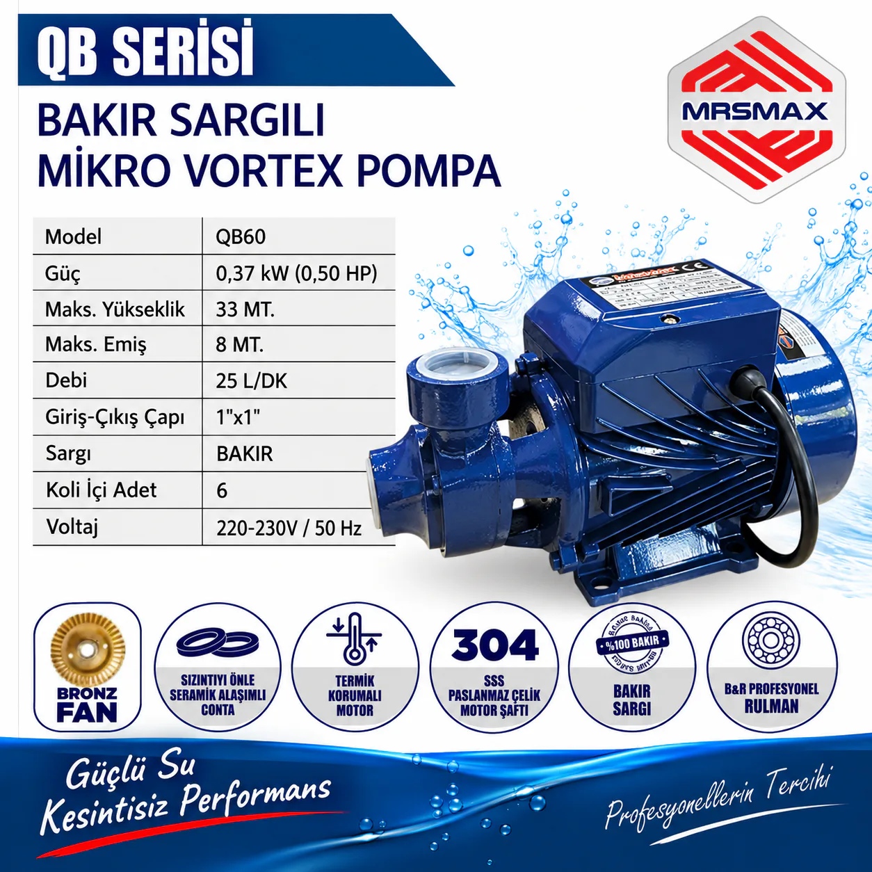 MRSMAX BAKIR SARGI SU POMPASI 0,5 HP