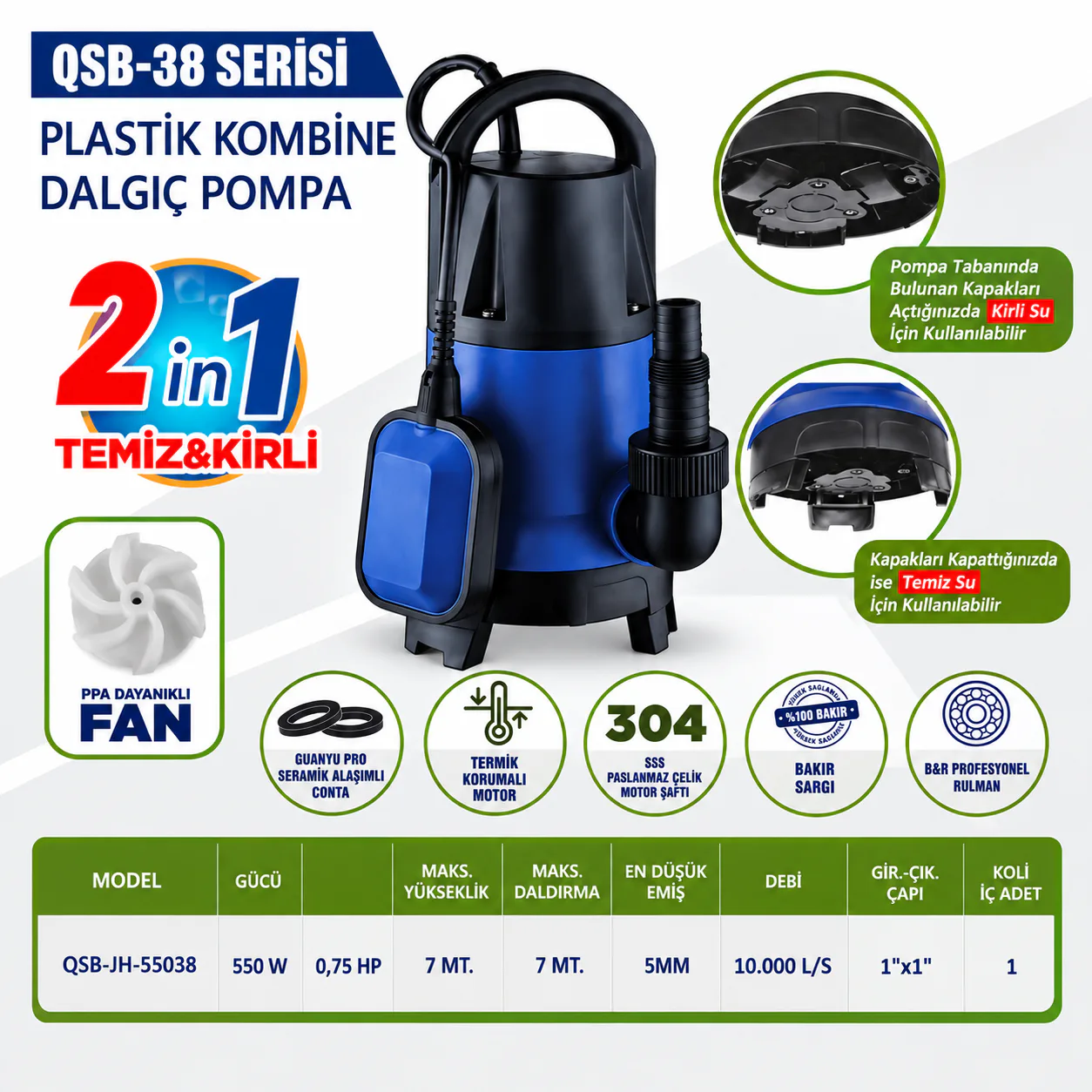 İBELTECH KOMBİNE FLATÖRLÜ DALGIÇ POMPA 550W